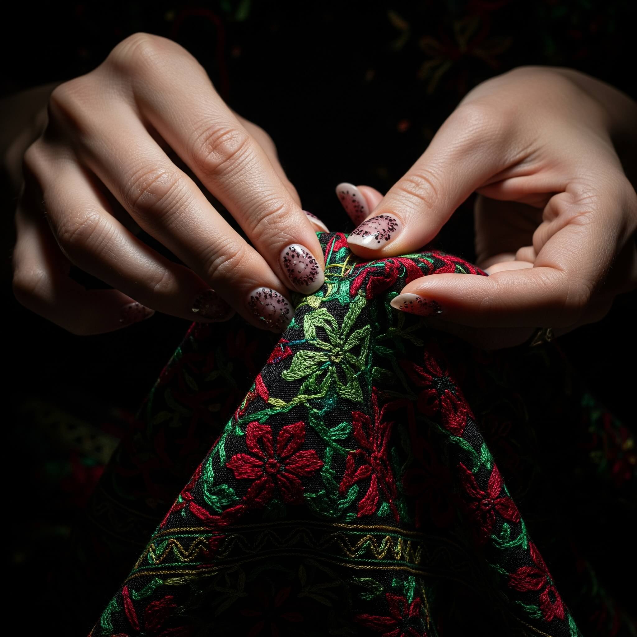 Close-up de mãos femininas com unhas decoradas bordando flores vermelhas e verdes em um tecido preto, demonstrando um trabalho artesanal detalhado.