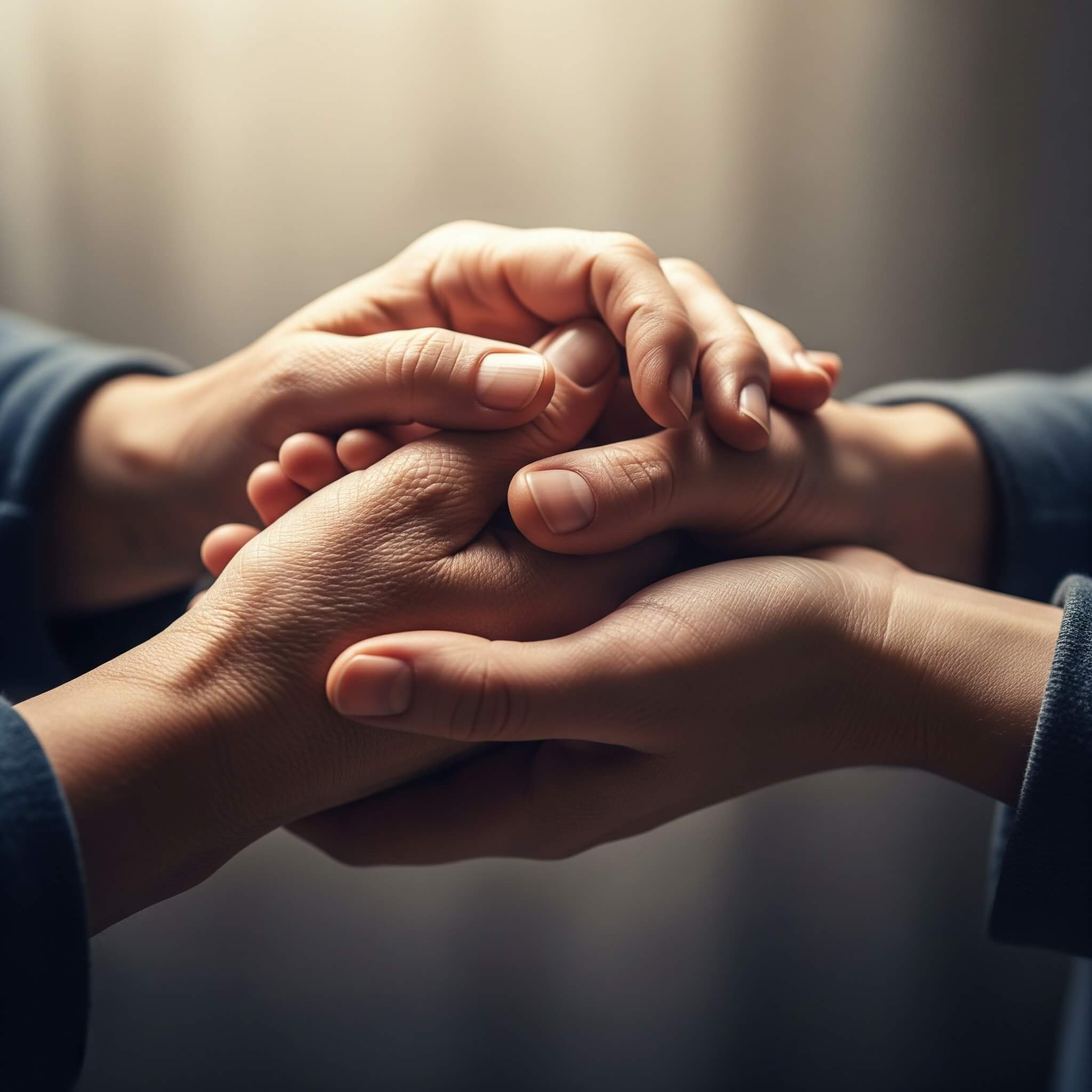 Close-up de duas mãos que seguram de forma delicada e protetora outras duas mãos, simbolizando cuidado e amparo.