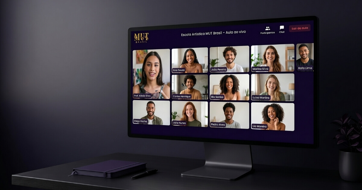 Interface de aula online da Escola Artística MUT Brasil, plataforma educacional gratuita em arte, imagem e futuro profissional