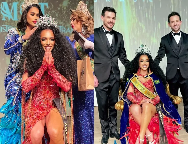 Vencedora Miss Universe Trans Brasil 2025 Stephany Fonttine com diretores Mateus Ahlert e Fabiano Biazon